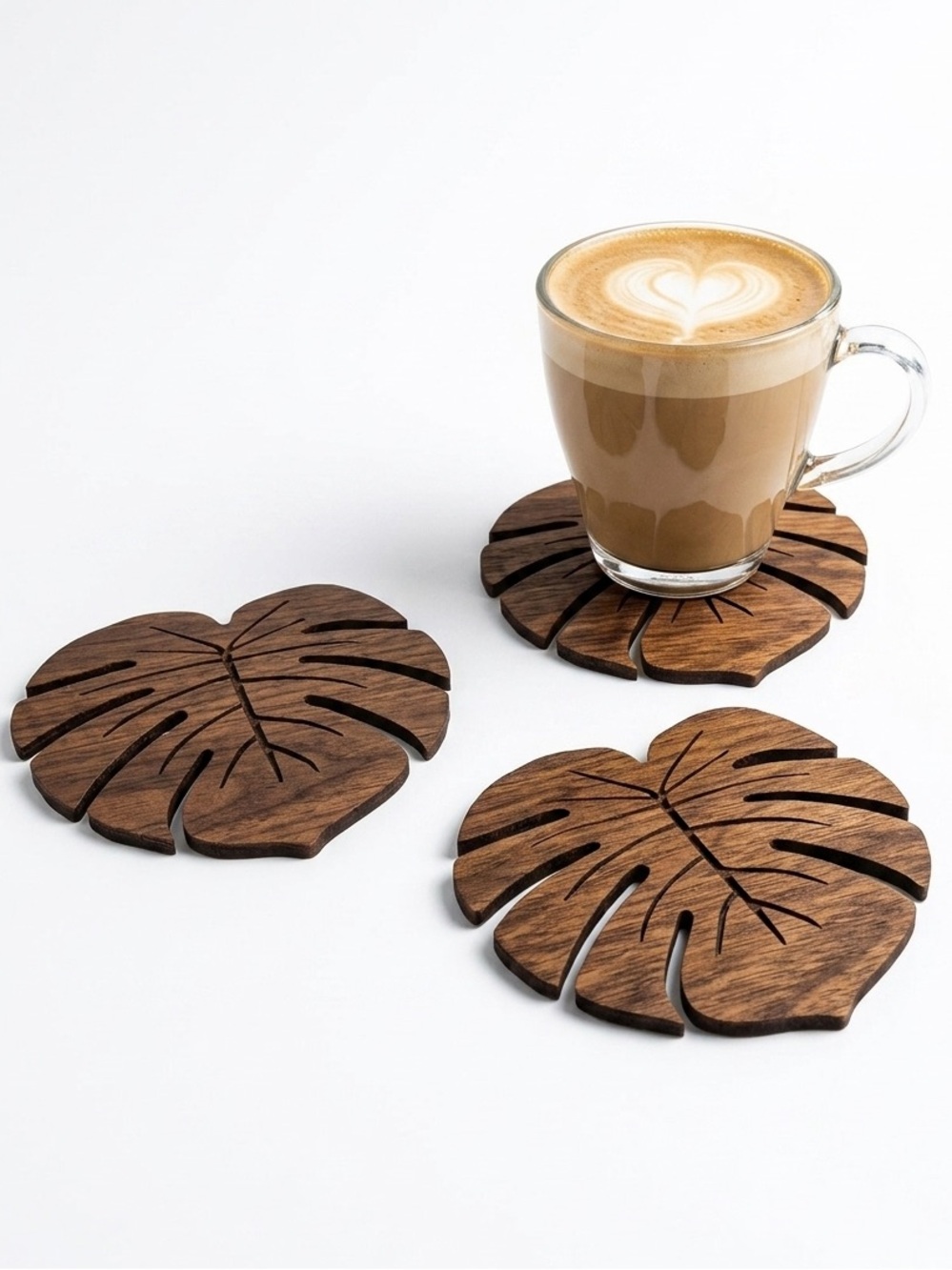 Wooden Monstera Leaf Drink Coasters — Set of 6